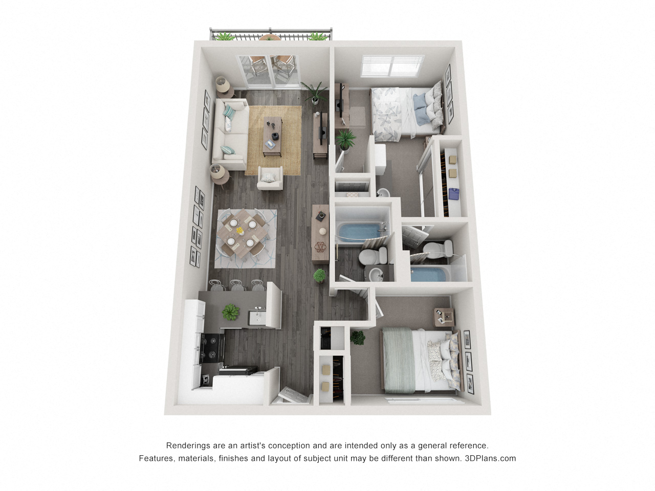 Floor plan for 2 beds, 2 baths, 846 sqft
